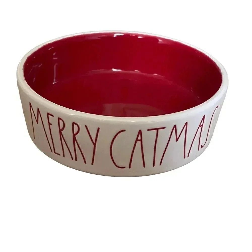 Rae Dunn Merry Catmas Pet Food Bowl Matte cream and red ceramic